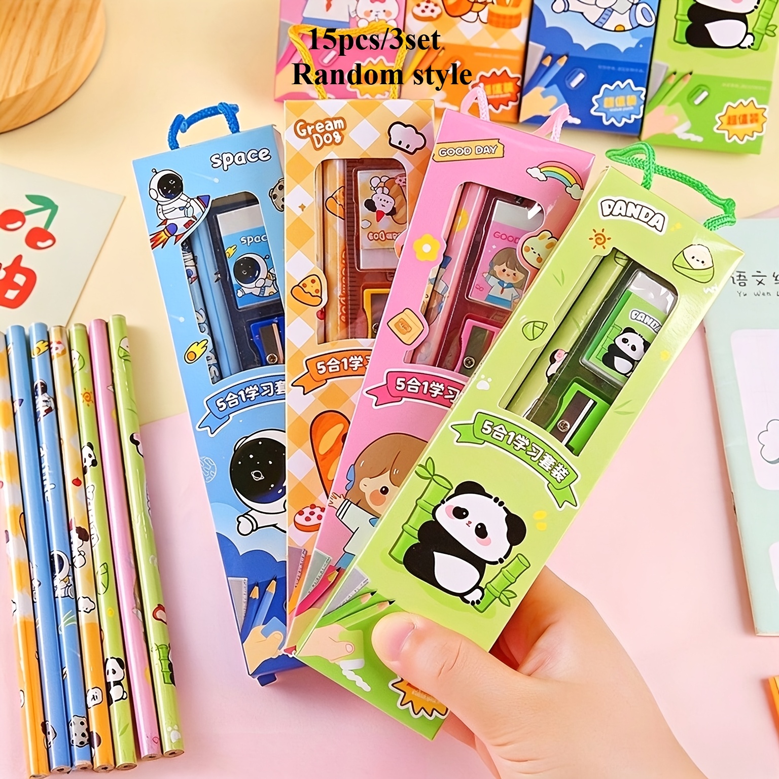 TEMU 15 pezzi (4 set) di sacchetti regalo , set di cancelleria carini, design a animati, stili casuali, molto adatti come regali per la scuola,