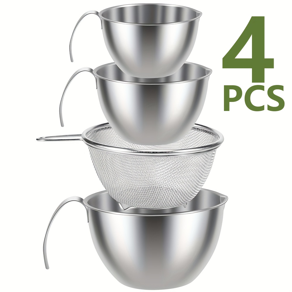 TEMU 4pcs Cy Handle-equipped Mixing Cups, Stainless Steel Mixing Bowls With Scales, Handles And Filters. This Multi-functional Set Is Used For Mixing