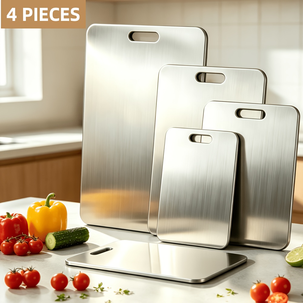 TEMU 4pcs Food-grade Stainless Steel Cutting Board - Double-sided Anti-slip Board For Cutting Meat, Fruits And Vegetables - Dishwasher-safe Surface -