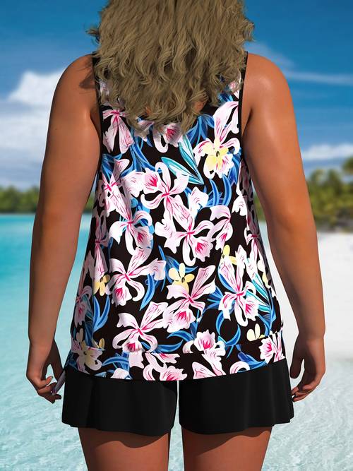 womens plus size swimsuit 2pcs set ini coconut tree or leaf print graphic round neck top plain womens swimwear clothing