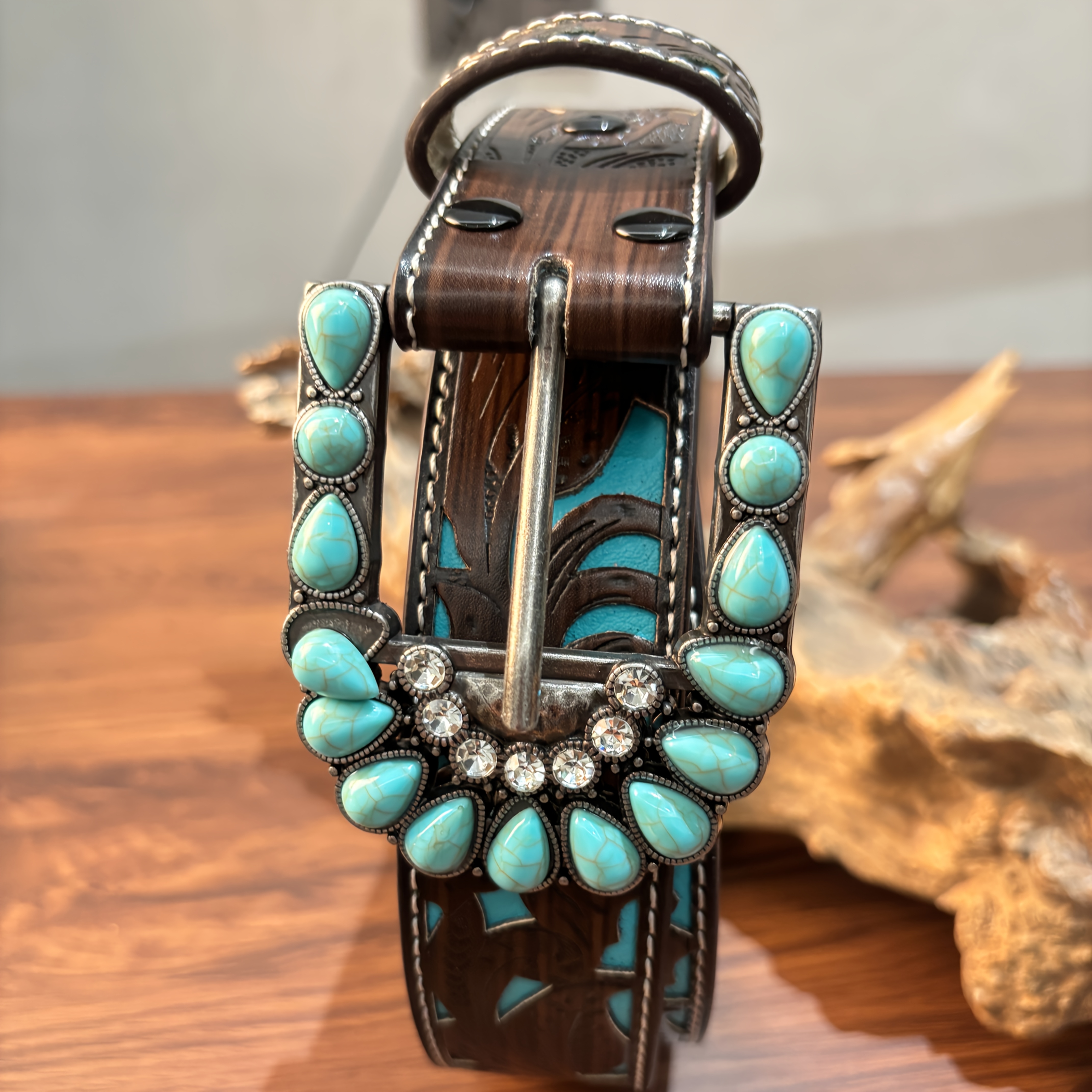 1ps Western belt with hollowed-out print for women, detachable buckle