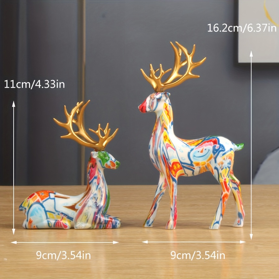 Image of 2pcs Multicolor Christmas Reindeer Statues - Suitable For Christmas, Halloween, New Year, And Holiday Decorations, Ideal For Bedroom/living Room Decor, Collectible Miniatures
