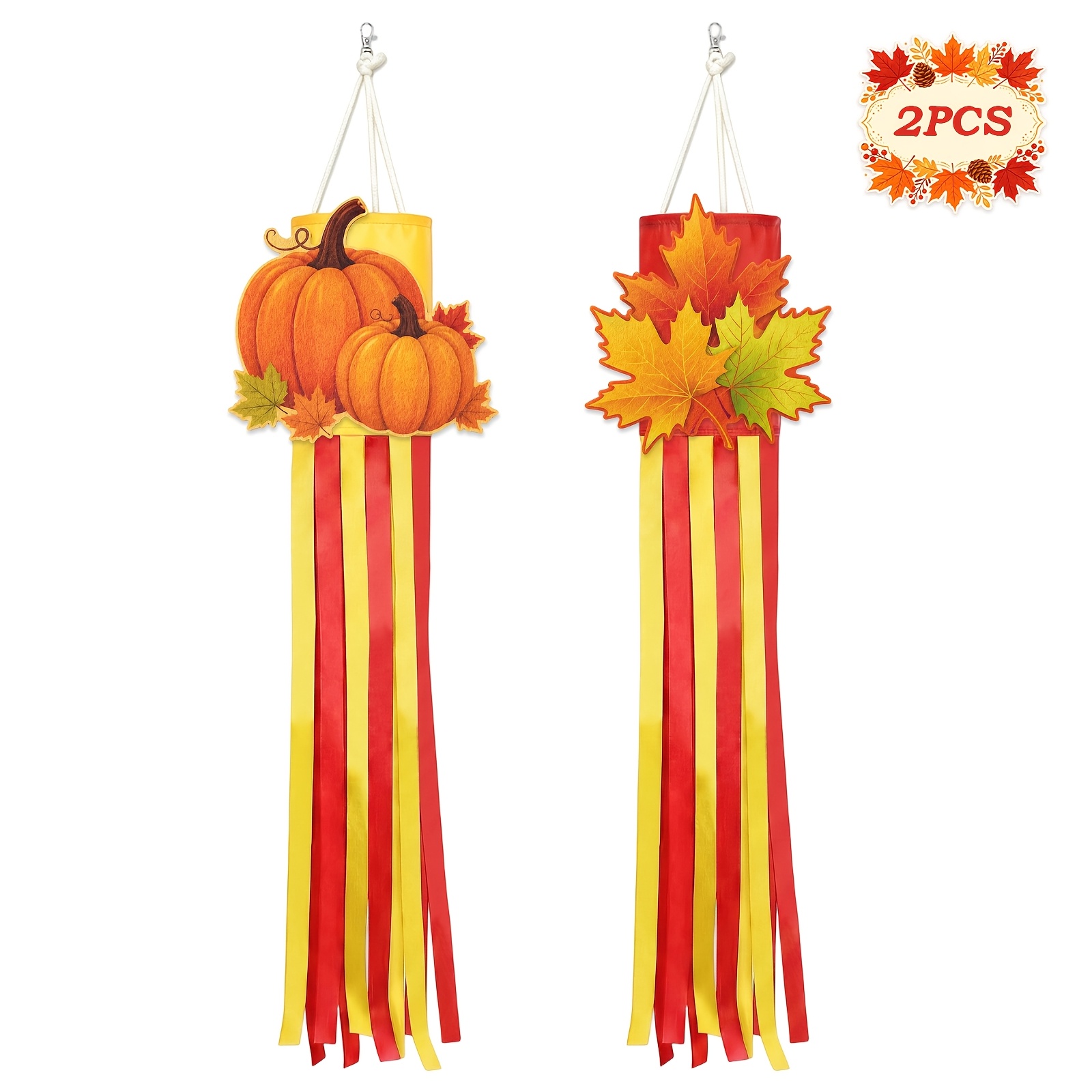 TEMU 2pcs Fall Windsocks Outdoor Decorations- Maple Leaf Pumpkin Thanksgiving Hanging Wind Socks- Yard Garden Porch Patio Decor- Courtyard, Lawn And