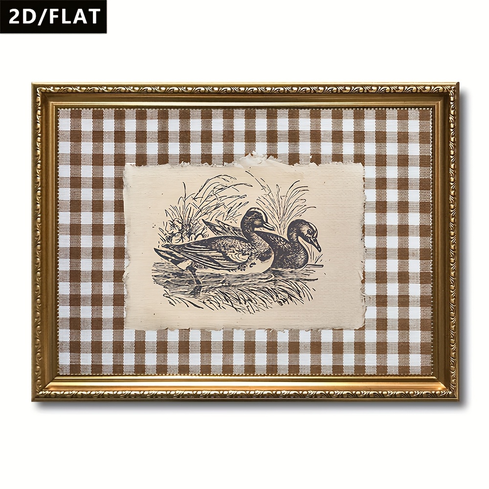 TEMU décoratif plat 2D, 1 pièce, style rétro rural, illustration de canard avec fond à carreaux marron et blanc, affiche d'art, toile murale, bureau,