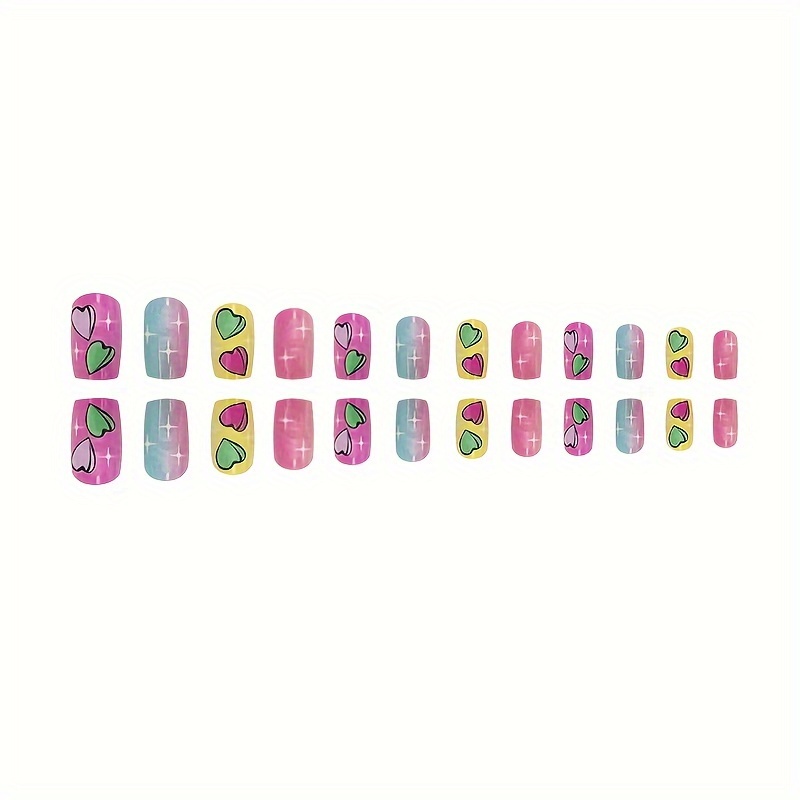 sweet heart pattern press on nails medium ballet fake nails colorful gradient false nails colorful hearts and stars with design fashionable acrylic nails details 3