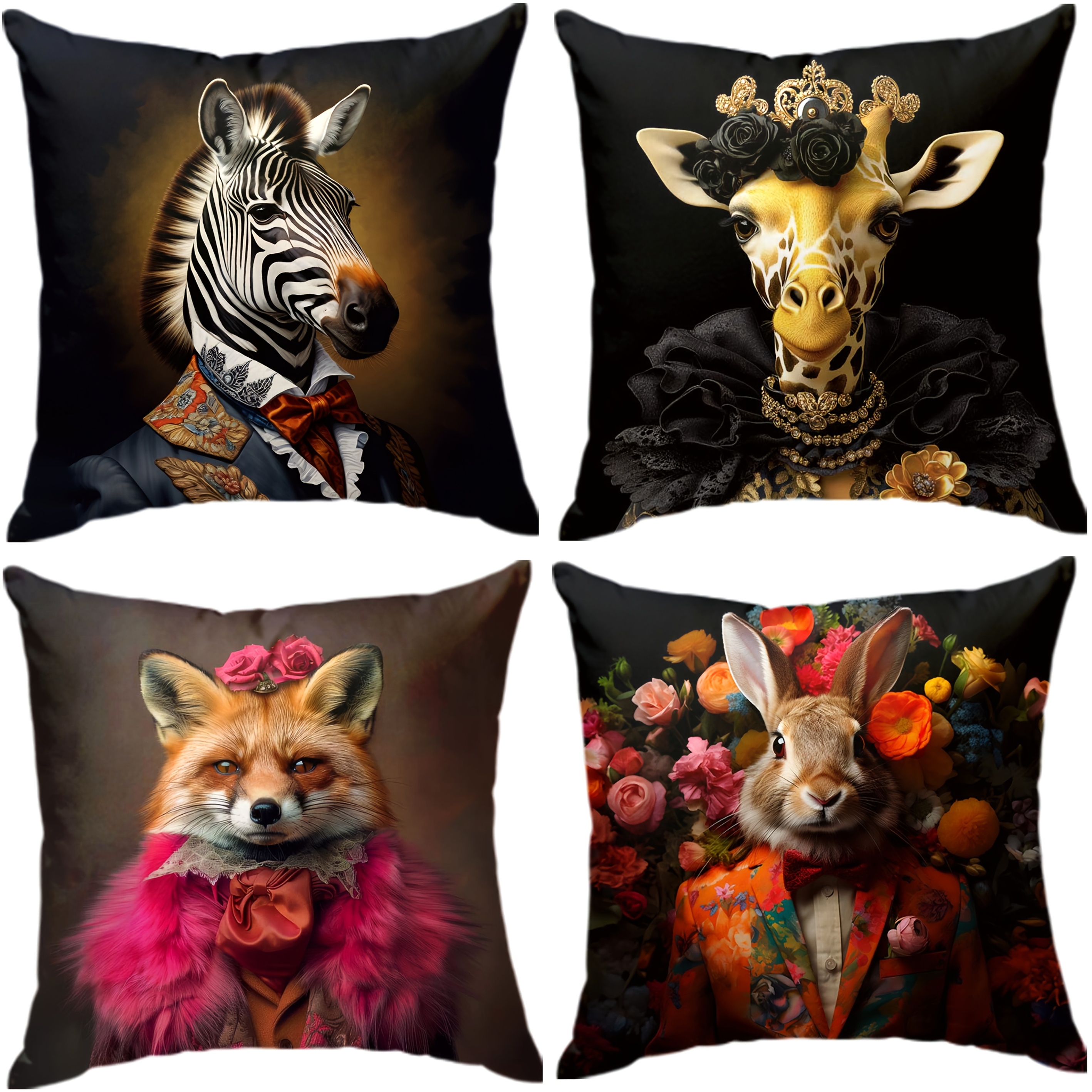TEMU Lot de 4 housses de coussin à motif guirlande de portraits d'animaux à imprimé léopard de mode européenne, housses de d'oreiller de chevet pour