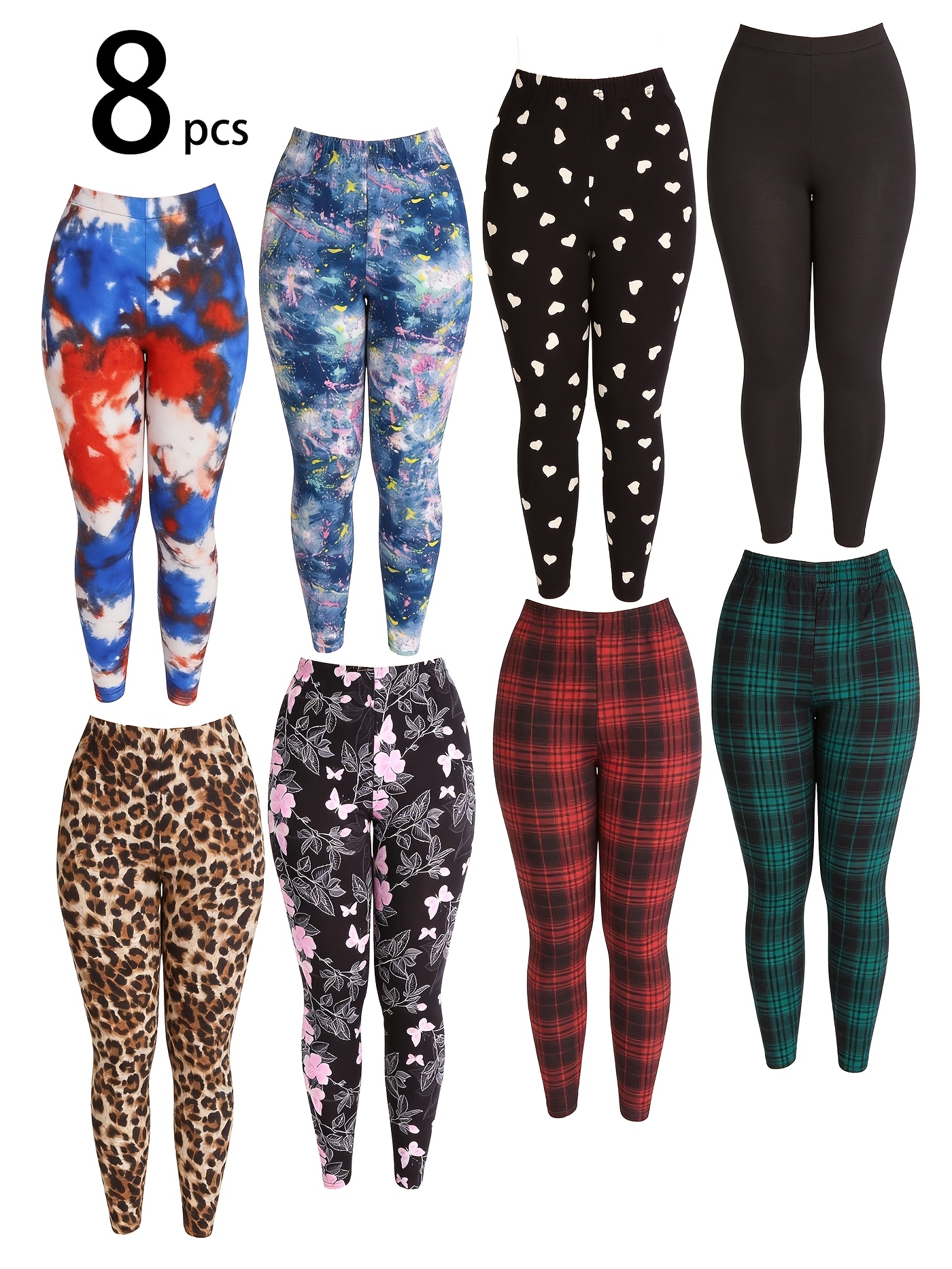 Set of 8 Women'S Leggings, High-Waisted Stretchy Pants for Adults, Stylish And Versatile Daily Essentials, Featuring Leopard Print, Pink Butterflies, Red And Green Plaid, Tie-Dye, And a Mix of Black And White Heart Patterns