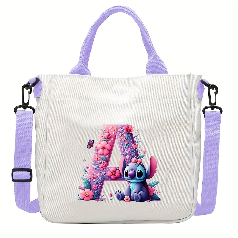 TEMU Stitch A-z Letter Design Handbag - Purple Casual Tote With Adjustable Straps, Commuting, Work, And Shopping, Ideal Gift For Stitch Fans, Everyday Bag | Design Bag | Adjustable Strap Bag