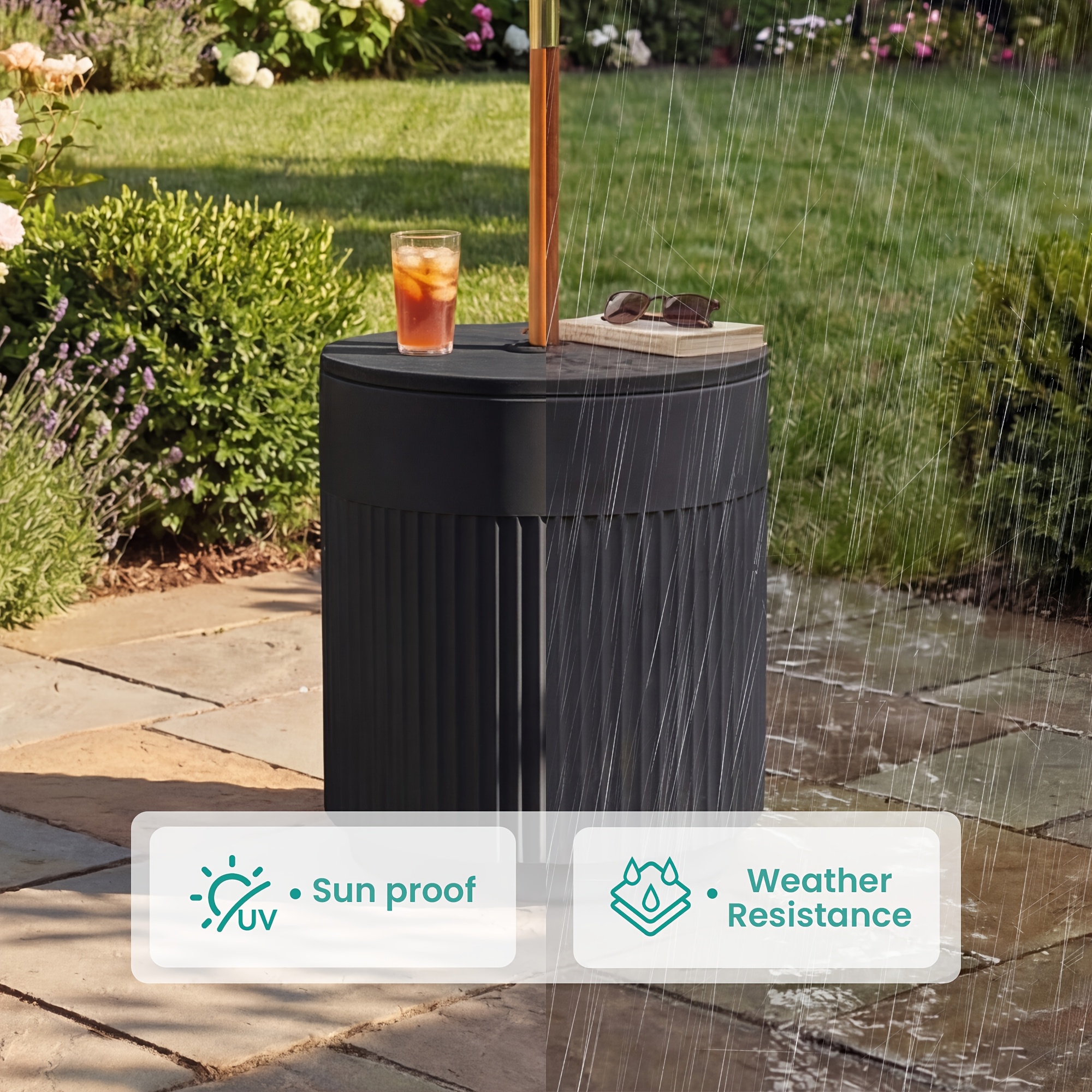 14.6in Patio Umbrella Base Side Table, Black Outdoor Umbrella Stand with Tabletop - 2-in-1 Heavy Duty Umbrella Holder And Accent Table for Garden, Deck, Poolside, Beach