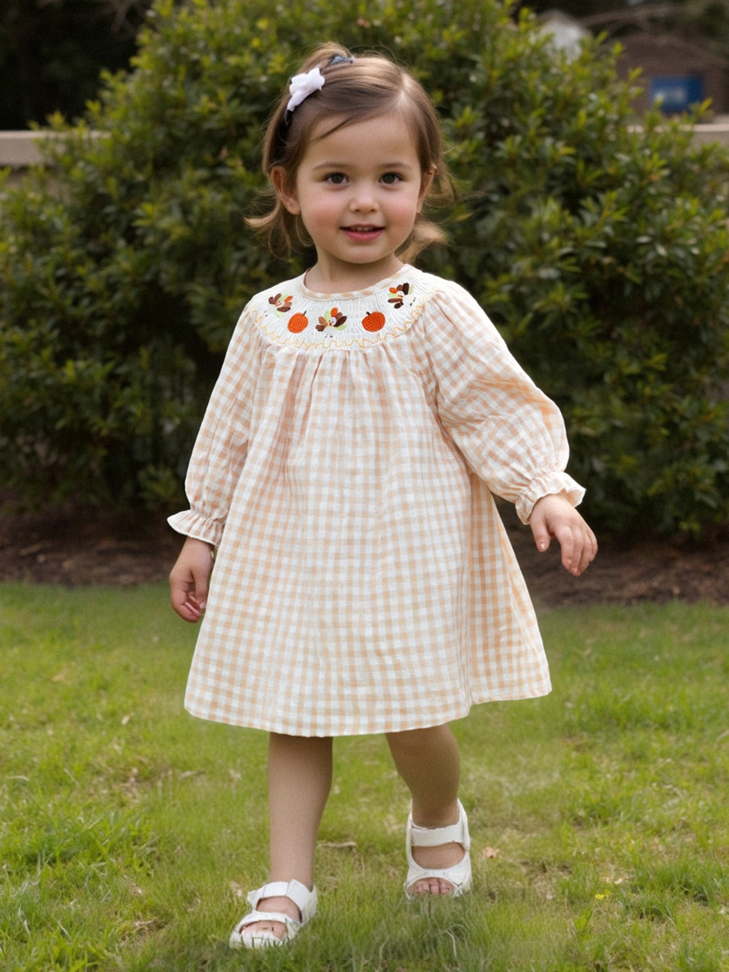 knee length dresses for ladies Thankful Smocked Girls Bubble Outfit main image 1