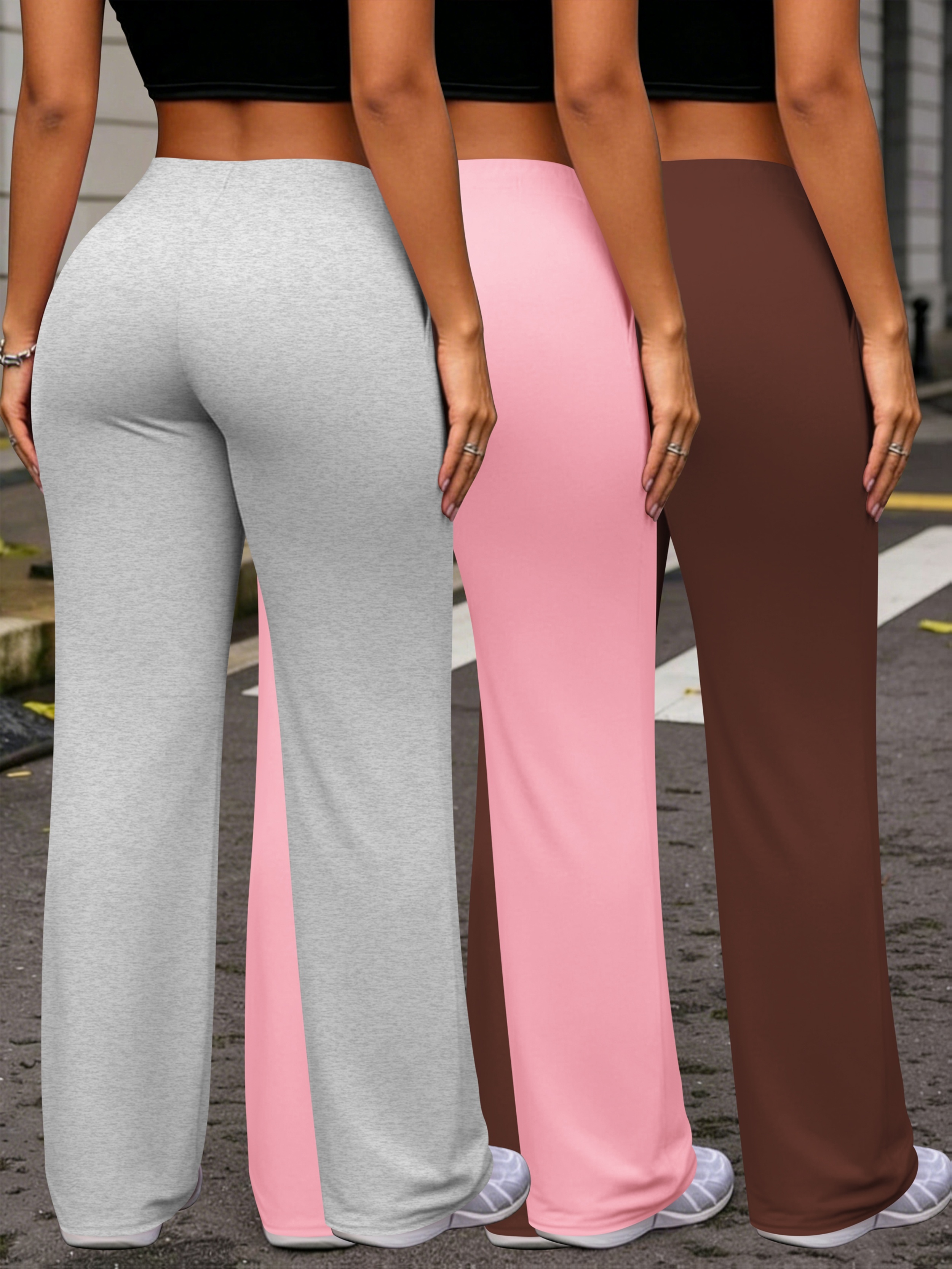 womens casual three piece wide leg pants drawstring waist pocket comfortable versatile solid   trousers