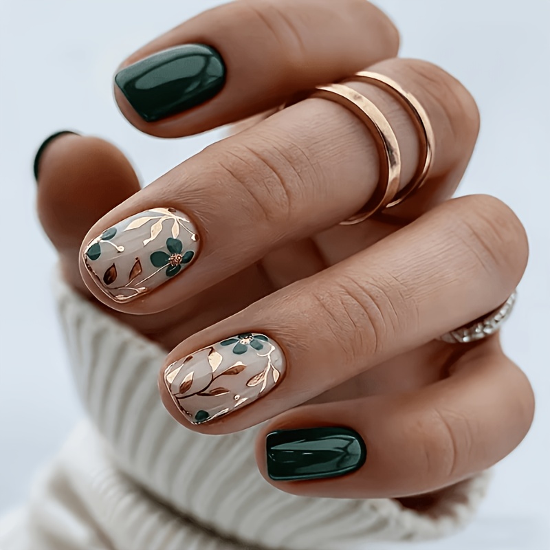 TEMU Migliora il tuo look: Set di 24 unghie adesive con foglie dorate e verde scuro, design elegante versatile di fascia che il beige chiaro. unghie