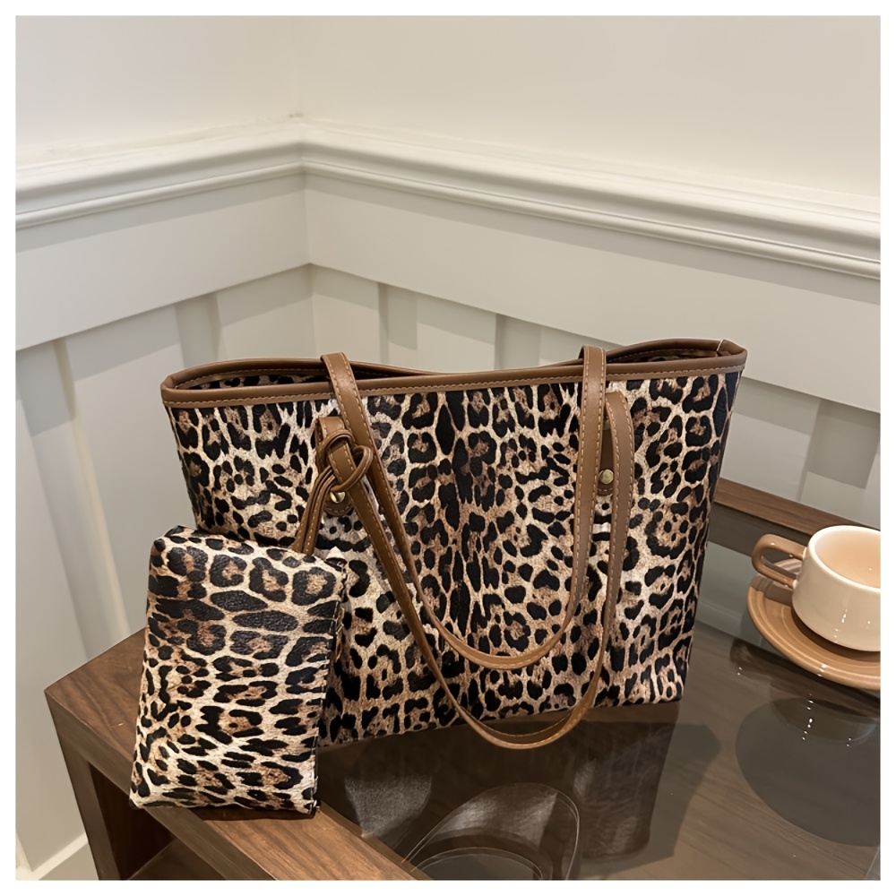TEMU Classic Leopard Print Tote Bag And Small Bag 2pcs Set - A Everyday Bag For Work And Leisure