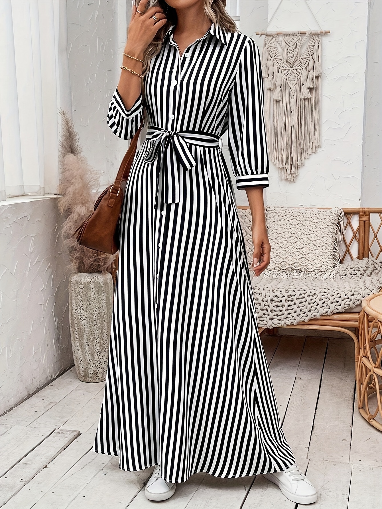 Vacation-* Daily * Casual Striped Shirt Dress
