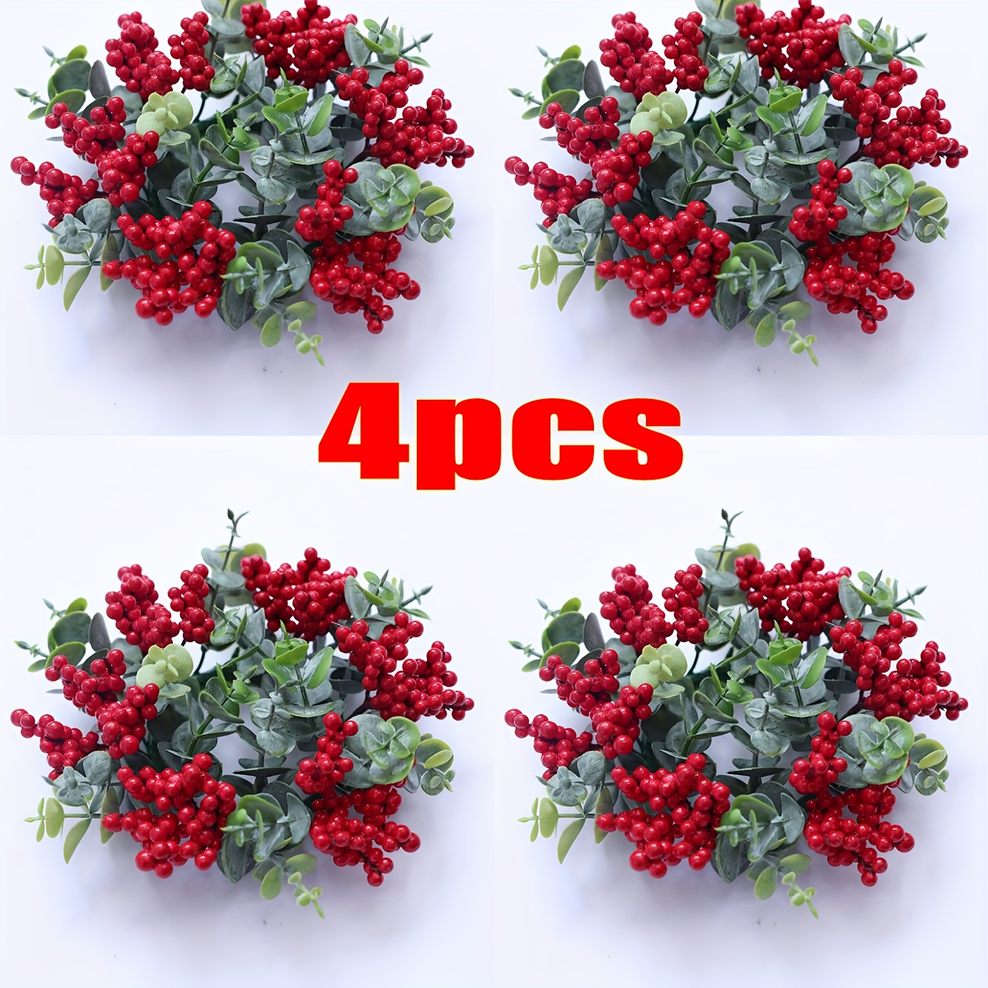 Image of 4pcs 's Festive Christmas Candle Rings - Berry & Eucalyptus Design, Non-electric Plastic Tabletop Wreaths For Holiday Decor, Halloween, Christmas, New Year Decorations