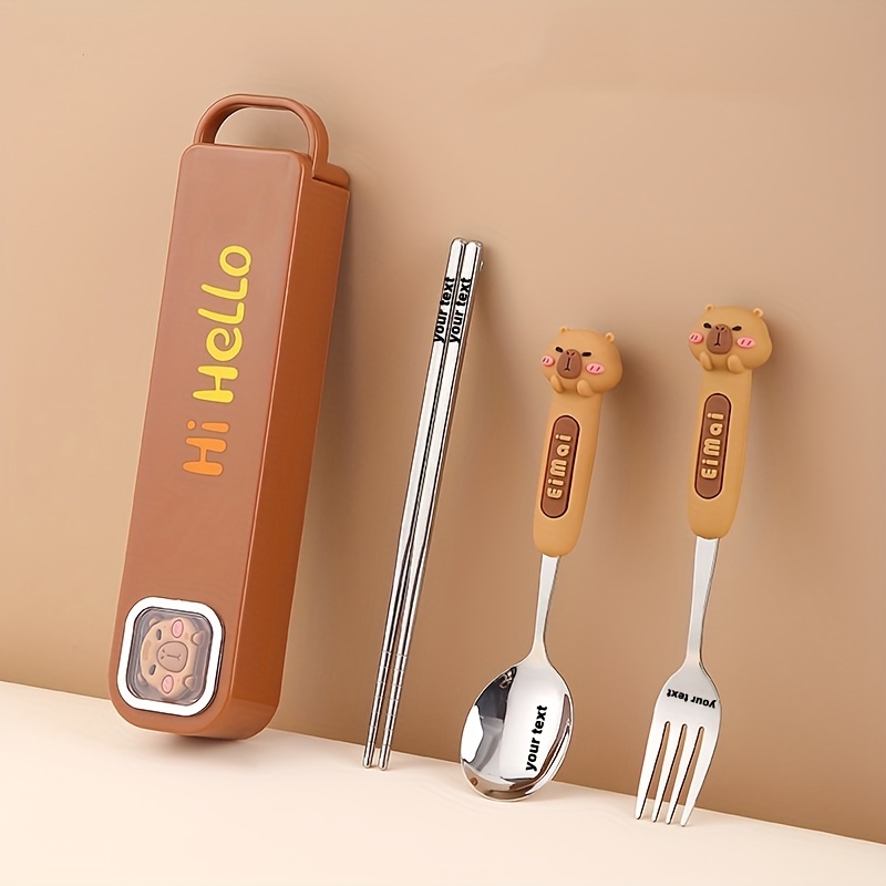 TEMU Personalized Customization, Cartoon Steel Cutlery Set, 3 Piece Outdoor Cutlery Portable Set, Capibala Cute 3 Piece Portable Set