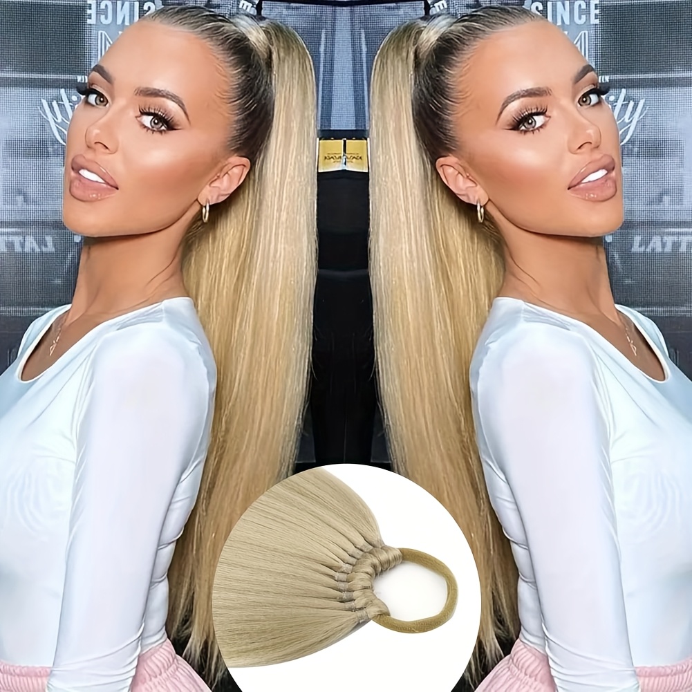 24 inch   straight braiding hair ponytail extension wrap around long straight ponytail with versatile elastic bands for women high temperature fiber   hair extension for women details 1