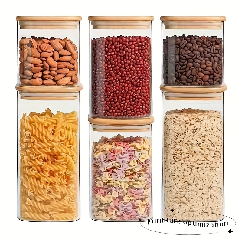 TEMU 6pcs Glass Food Storage Container Set With Wooden Lids And Labels, Leak-proof Square Sealed Jars, Kitchen Storage Boxes, Suitable For Tea Cans,