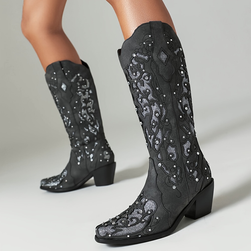 

Women's Rhinestones Western Knee High Boots, Embroidery Pointed Toe Chunky Block Heel Cowboy Cowgirl Mid Calf Boots With Pull On Taps