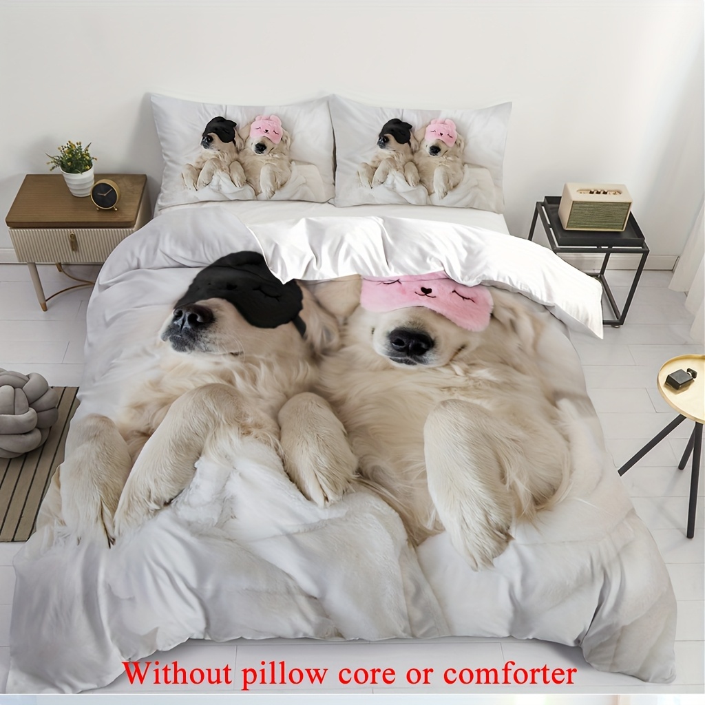 2 3pcs 1 duvet cover 1 2 pillowcase without core couple valentines day romantic golden retriever two   dogs lying on a white bed wearing eye masks funny print soft comfortable bedding set for bedroom dorm room family gift Product details 4