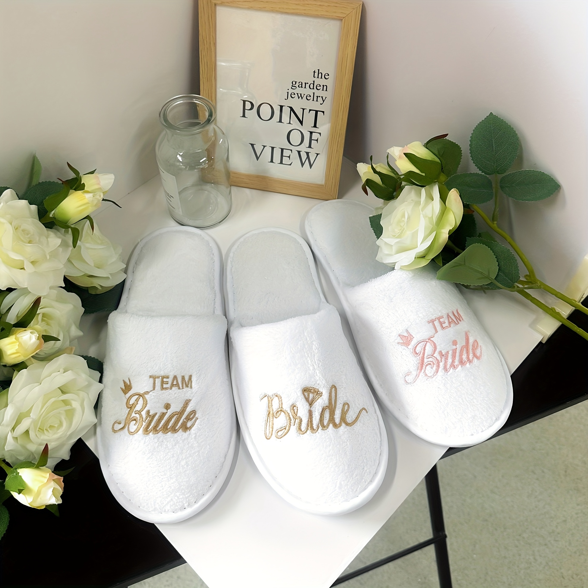 

Bridal Party Slippers, Close Toe With Golden & Pink Embroidery, Lightweight Sole Slides Shoes, For Bride & Bridesmaid, And Wedding Party Guests