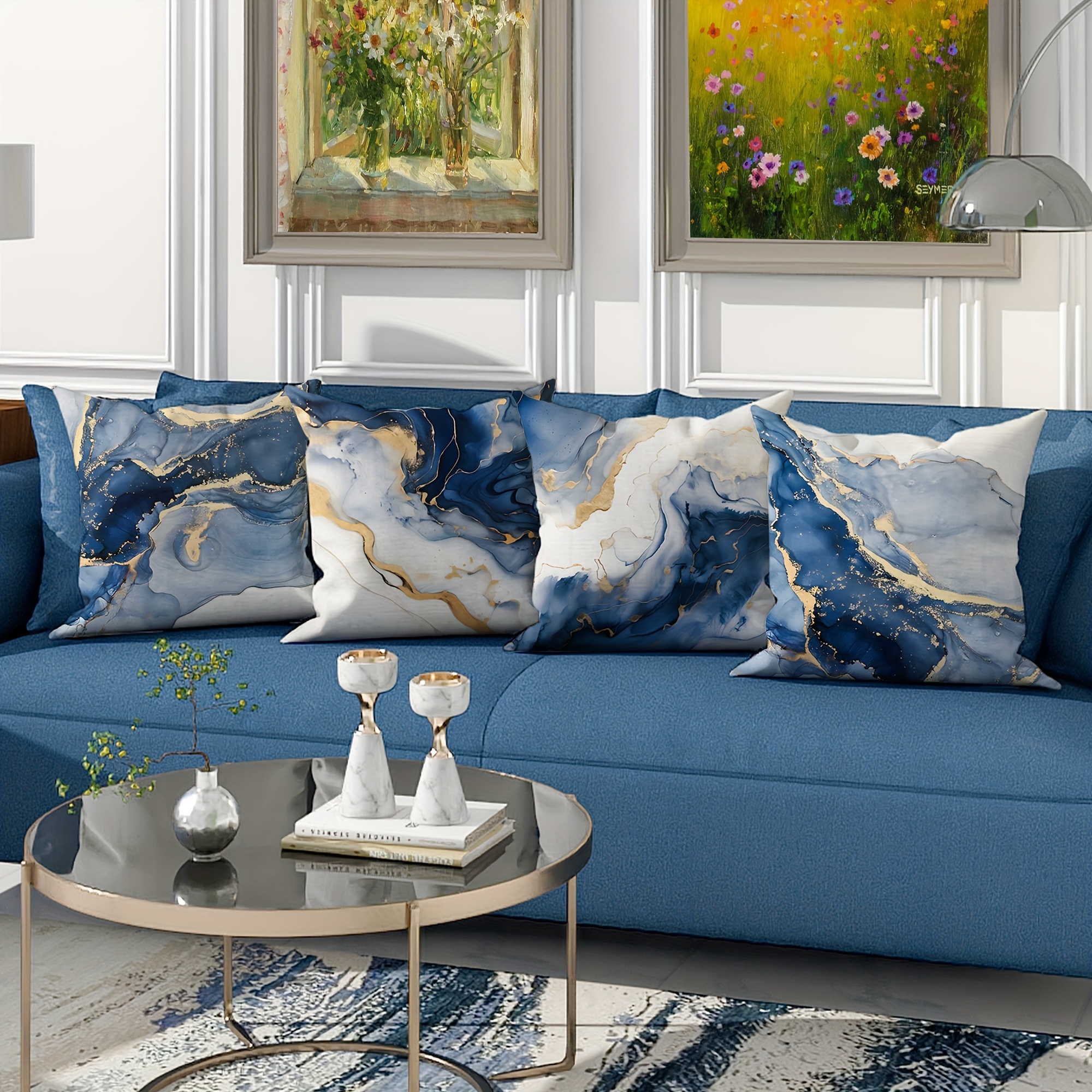4pcs marble navy blue golden polyester throw pillow covers Temu