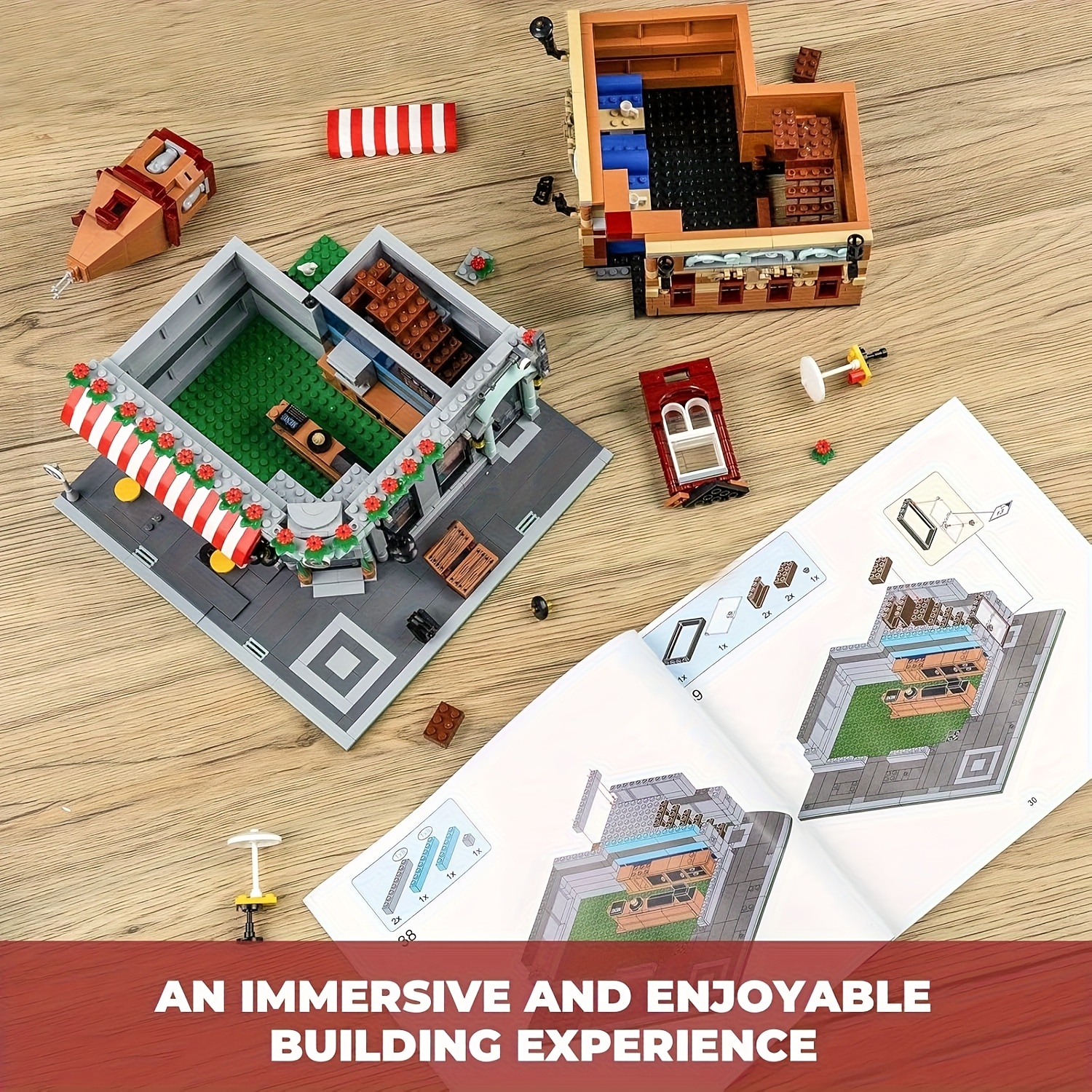 Urban Large Cafe House Building Block Set, Corner Hotel Street Scene Assembly Model, Three-story Building, High-difficulty Assembly, Ideal Independence Day Gift, Christmas, Birthday Gift 1950+pcs