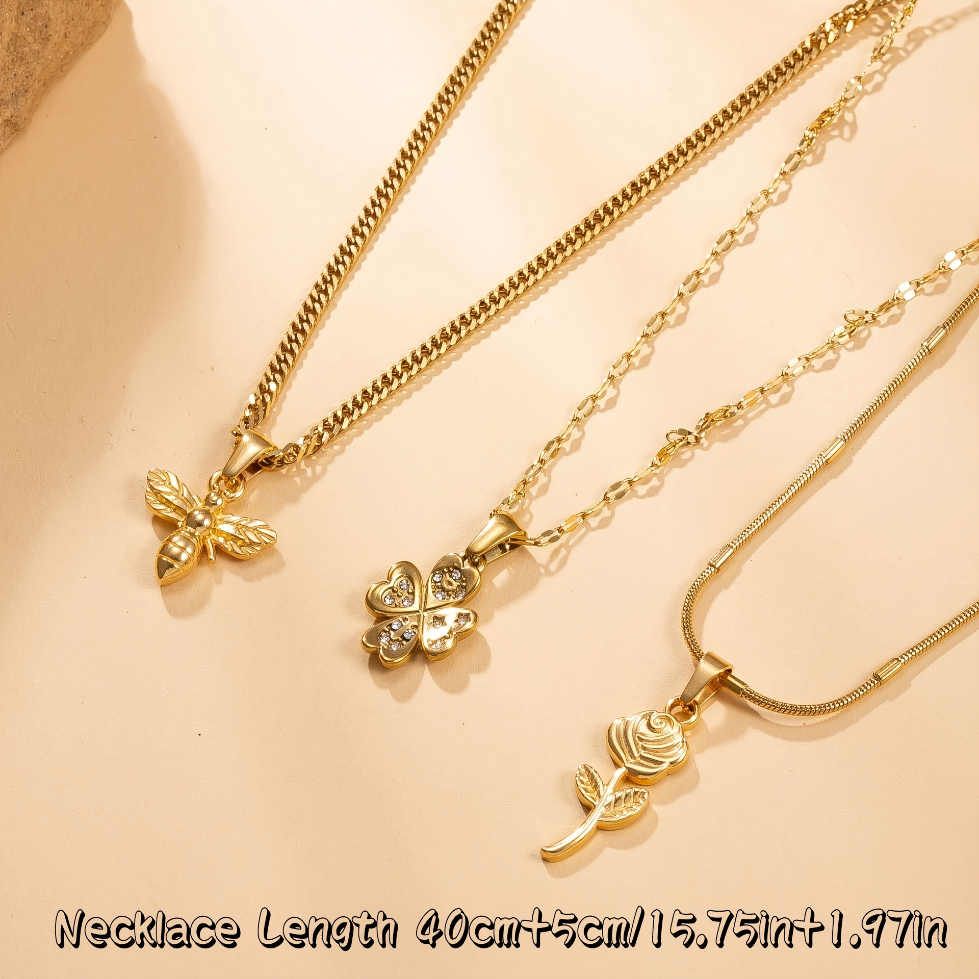 3pcs Floral Insect Stackable Stainless Steel Pendant Necklaces Set
