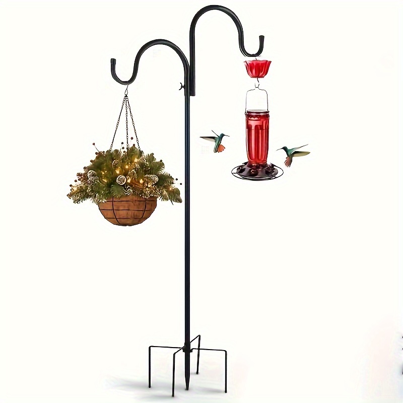 

Versatile Outdoor Bird Feeder Pole With Dual Shepherds Hooks & 5-prong Base - Adjustable For Hanging Plants, Lanterns, Solar Lights & Decor