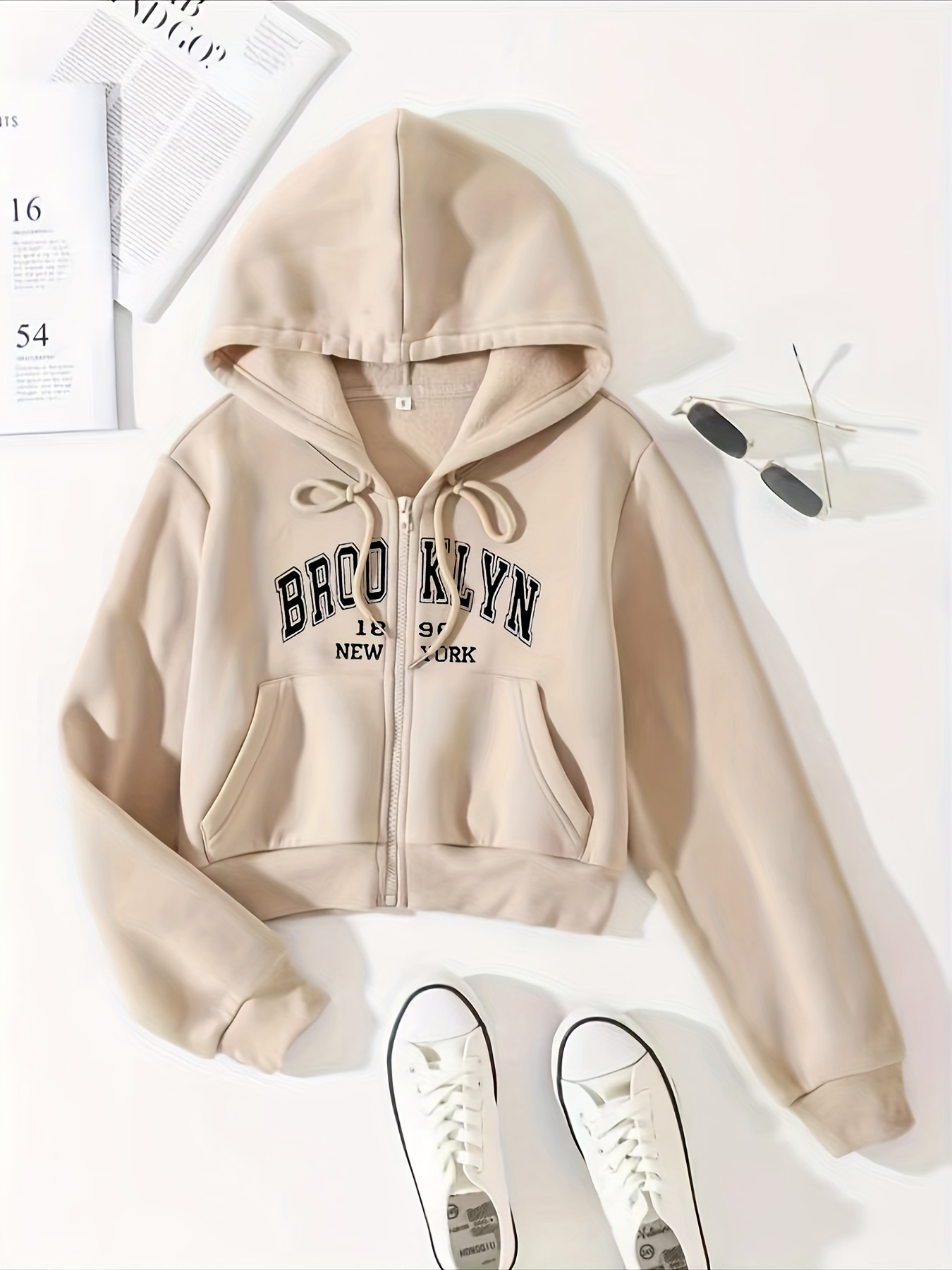 womens casual hoodie brooklyn print zip drawstring thermal
