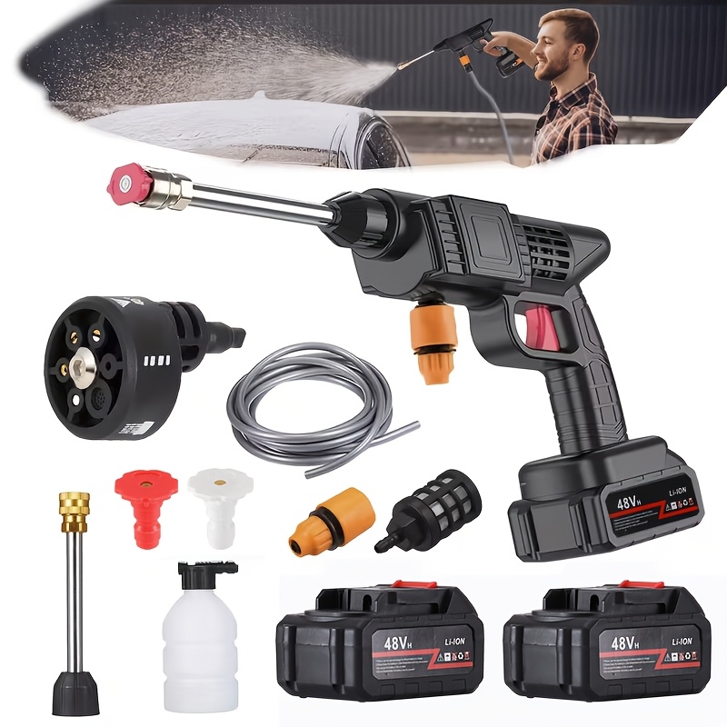 TEMU Portable Cordless High Pressure Car Washer Gun With 2 Batteries/quick -in-1 Nozzle, Stainless Steel Handheld Pressure Car Washing For Car, Home,
