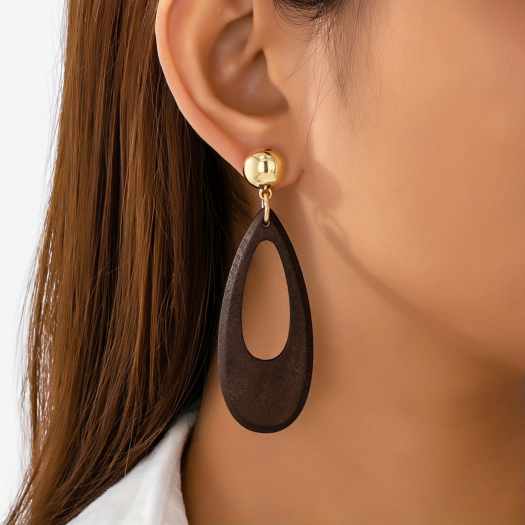 E-shop 2 Stk. Lässige Retro-Bohemian-Western-rustikale geometrische lange Wassertropfen-Holz-Anhänger-Ohrringe für Damen, trendige Accessoires, für