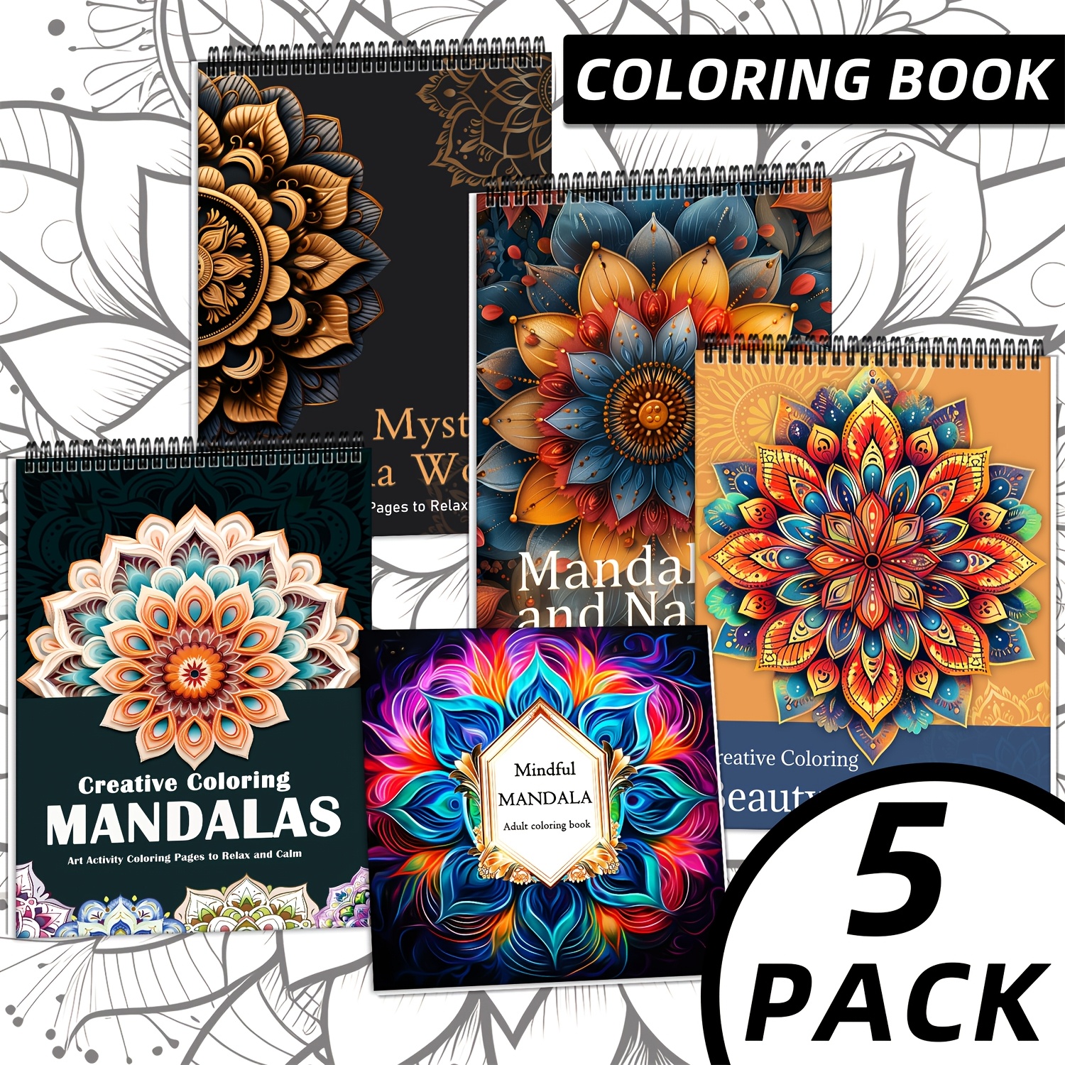 

5pcs Mandala Coloring Book, Sketchbook Set, Mindfulness & Relaxation, Single-sided Patterns, Spiral Bound, 11.2x8.2" With For Teens & Adults