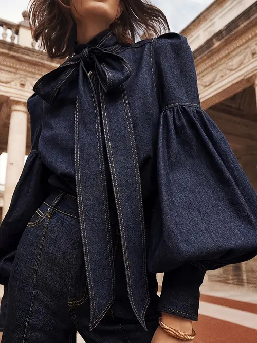 womens chic high neck denim blouse with bow tie detail lantern sleeves any occasion spring autumn 2024 collection