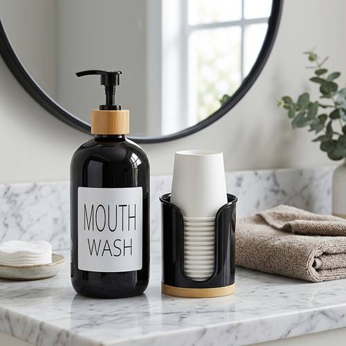 Mouthwash Dispenser with Bathroom Cup Holder, Plastic Mouthwash Container, Bottle , Bathroom Organizers, Small PC 3 Oz Cup Dispenser, Printed Font