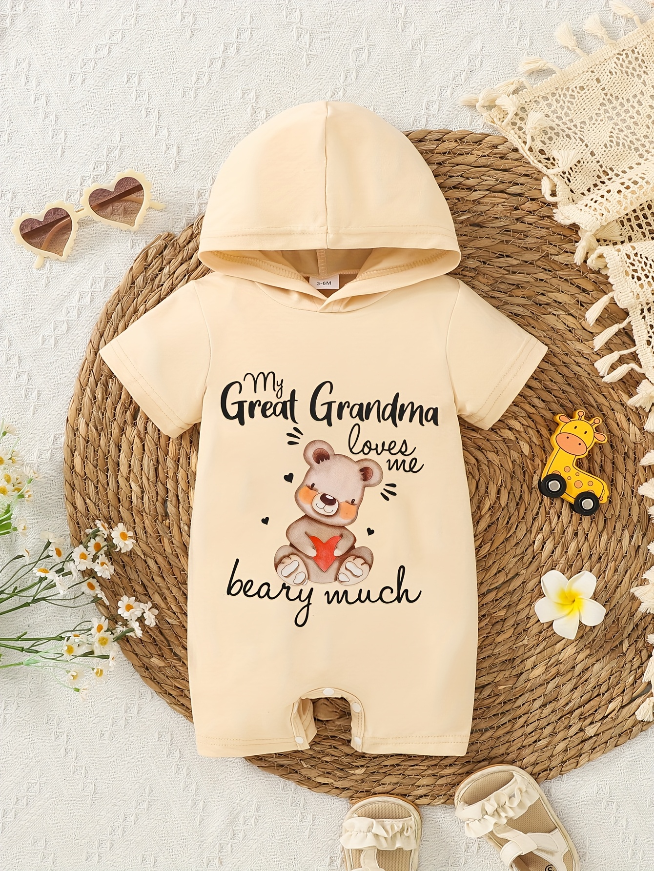 Baby Hooded Romper &*;My Grandma *&*; Teddy Bear Print, Short Sleeve  Knee-Length Summer Outfit, Machine Washable Unisex Gift for Infants - Main Image