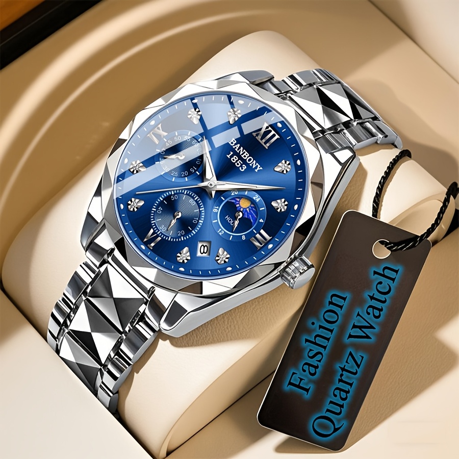 Banbony Men'S Quartz Watch Stainless Steel with Rhinestone Roman Numerals HD Large Dial Waterproof Luminous Display Date Calendar Multi-Function Silent Watch Fashionable Appearance Men'S Luxury Gift for Birthday, Family Gathering, Party