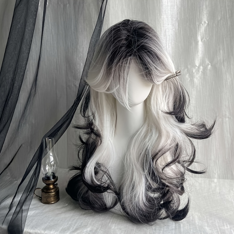 TEMU Women's Black White Gradient Long Curly Wig - Heat Resistant & , Ideal For Daily, Party Looks & Cosplay, Popular In Western Markets