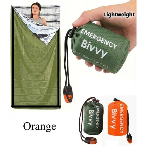 3pcs car emergency sleeping bag set including sleeping bag drawstring bag whistle survival camping bag polyester film insulation emergency blanket lightweight and compact outdoor hiking camping equipment