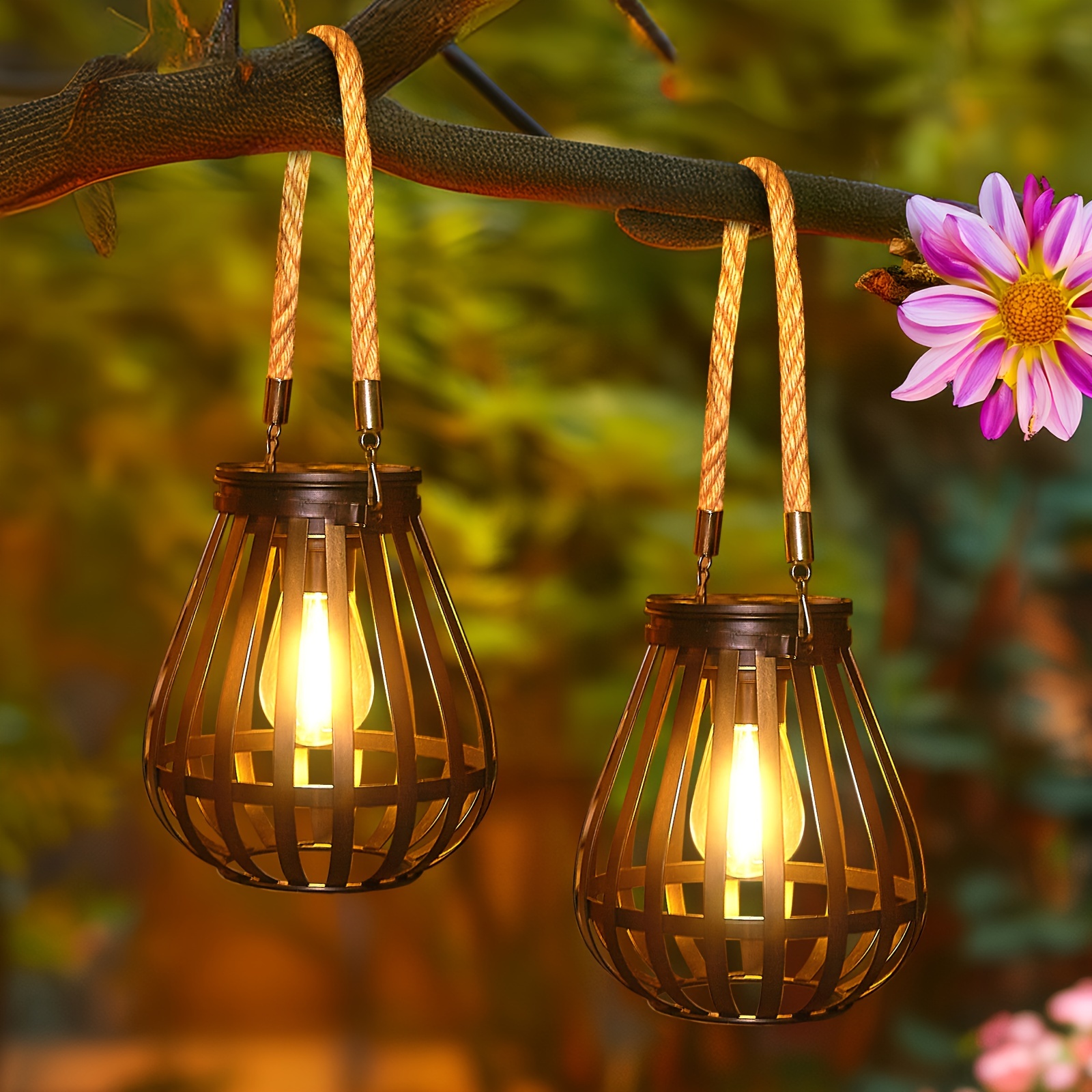 E-shop 2er-Set Hängende Solar-Laternen für Draußen, Metall Solarleuchte mit weißer LED-Glühbirne, IPX5 Außenleuchte für Terrasse, Rasen, Balkon Garten