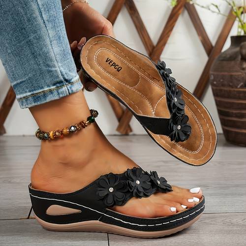womens fashion flip flops casual open toe flat sandals with floral decorations comfortable pu sole wear standard shoes
