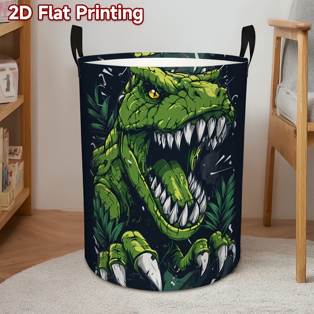 1pc Dinosaur Print Foldable Hamper - Large Capacity Round Laundry Basket With Sturdy Handle, Polyester Canvas Suitable For Room,, Bedroom, Toys & Clothes Storage