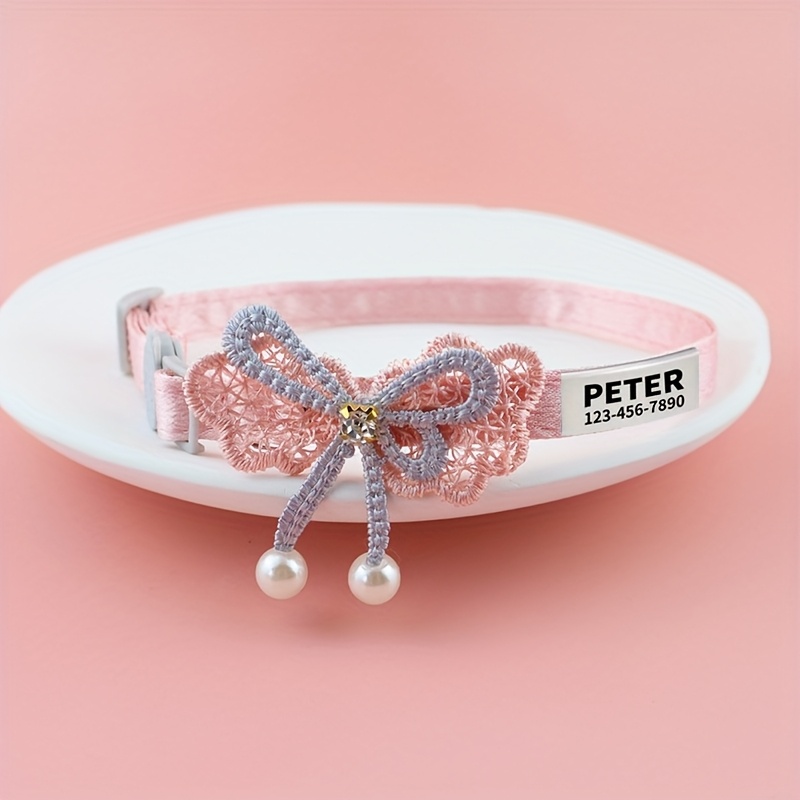 TEMU [customizable Cat Collar] Personalized Cat Collar-1pc Lace Bow Pet Collar, Adjustable Cat Collar With Pendant, Suitable For Small Cats And Dogs