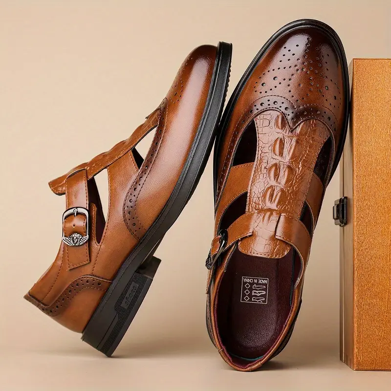 mens stylish perforated wingtip sandals casual slip on loafers with straps brown breathable design for casual attire versatile loafers fashionable sandals polished Product details 2