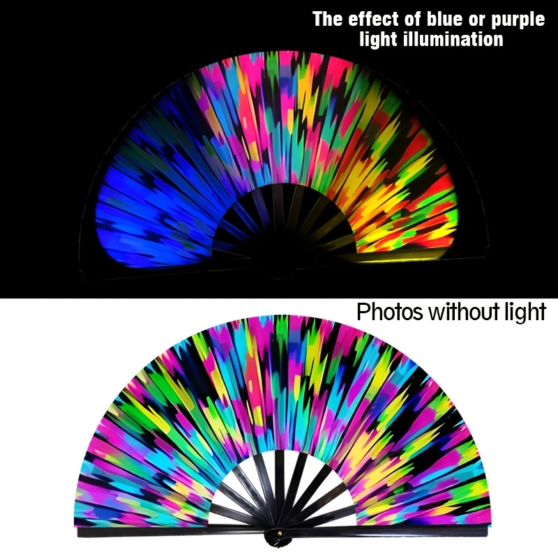 TEMU 1pc 33cm Kyt Uv Reactive Glow Fan | Neon Fluorescent Print & Black Light Activated | Rave Festival And Night Party Essential