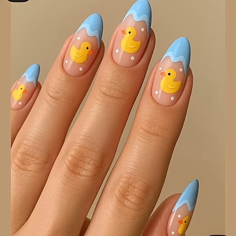 TEMU Faux ongles à pression Petit canard jaune bleu laiteux, 24 pièces, coffret de manucure exclusif Doux été