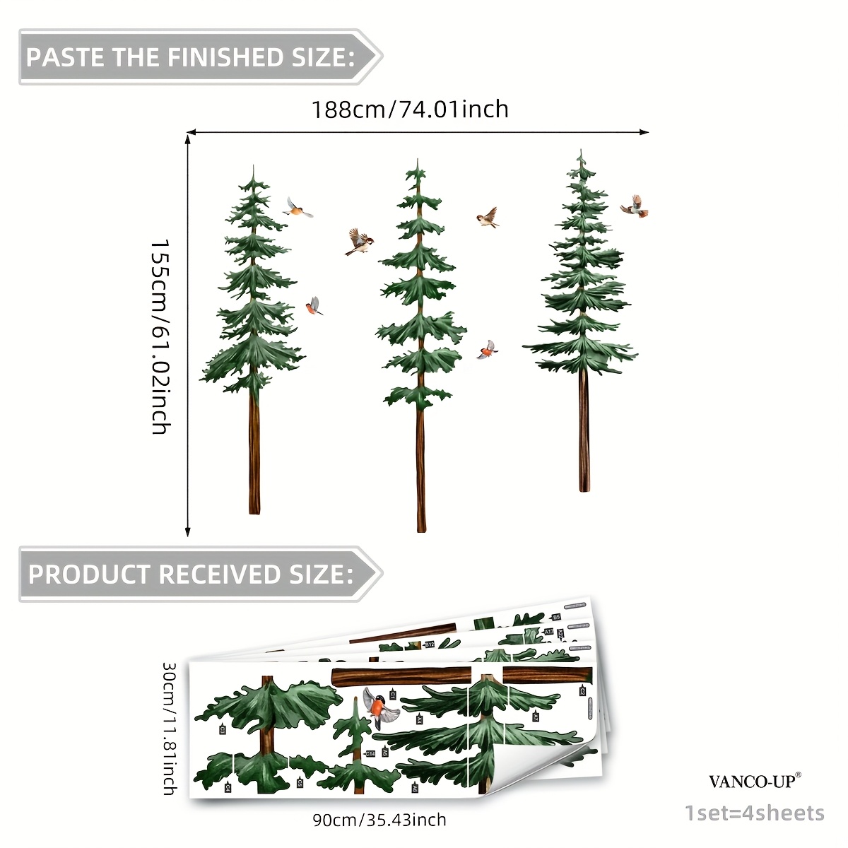 A Set Of 4 Self-adhesive Wall Stickers Featuring Plants, Trees, And Birds For Home Decoration