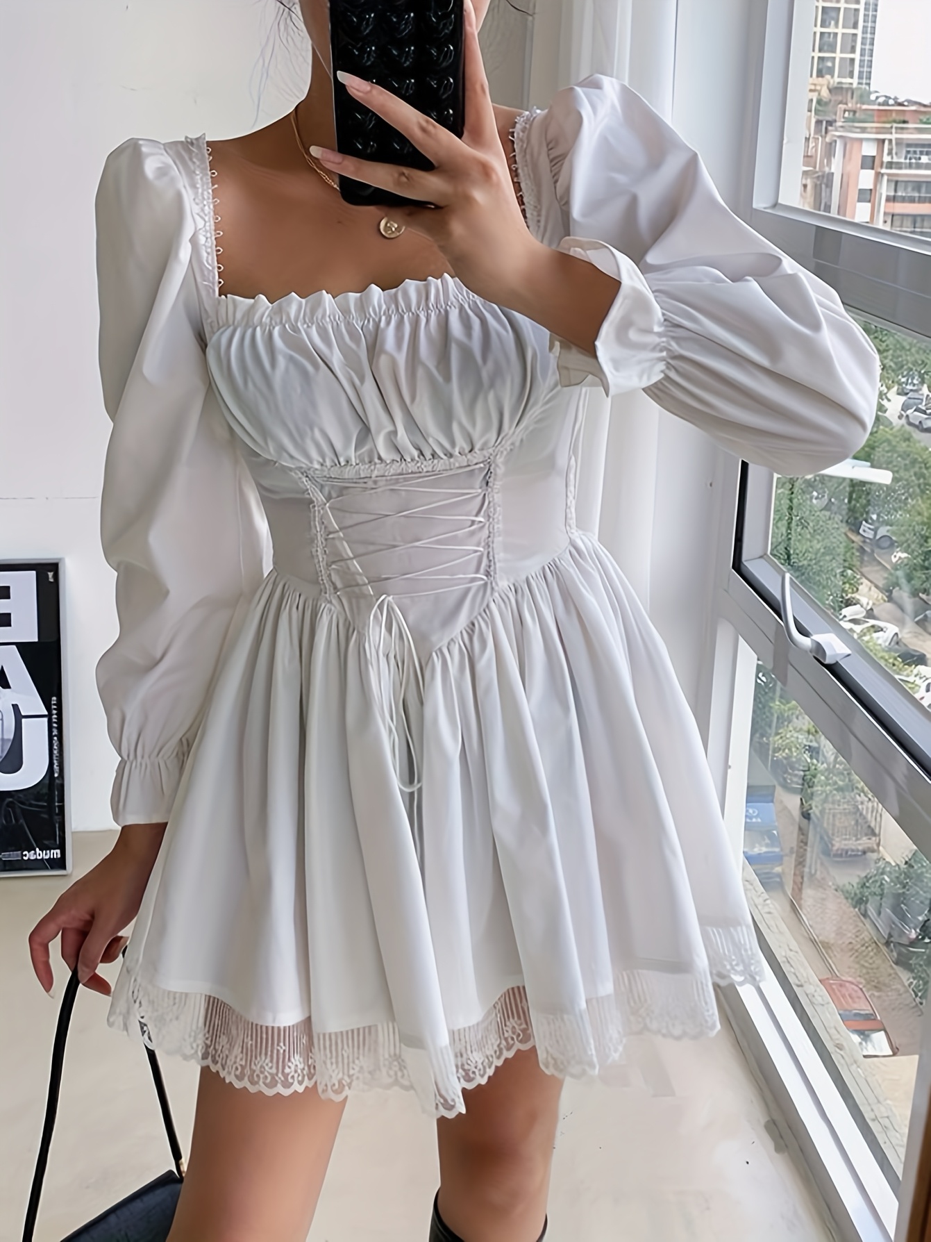 black white square neck dress a fitted waist cute sweet lace - Temu