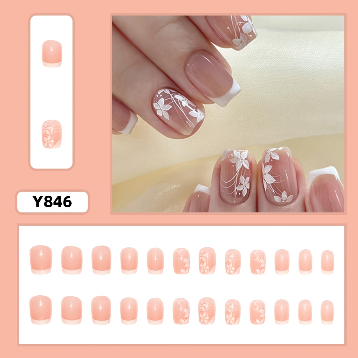 Enhance Your 24pcs Short Coffin-shaped Nail Art Set Gentle And Easy Floral Nail Kit Suitable For To Wear Nail Supplies