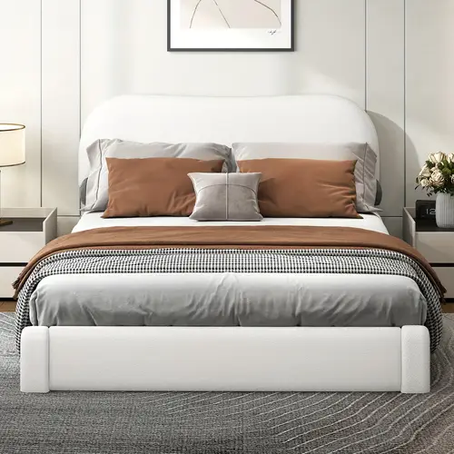 full queen bed frame with headboard and footboard queen size bed frame with boucle upholstered and metal slats support bedroom furniture for home spring needed easy assembly white